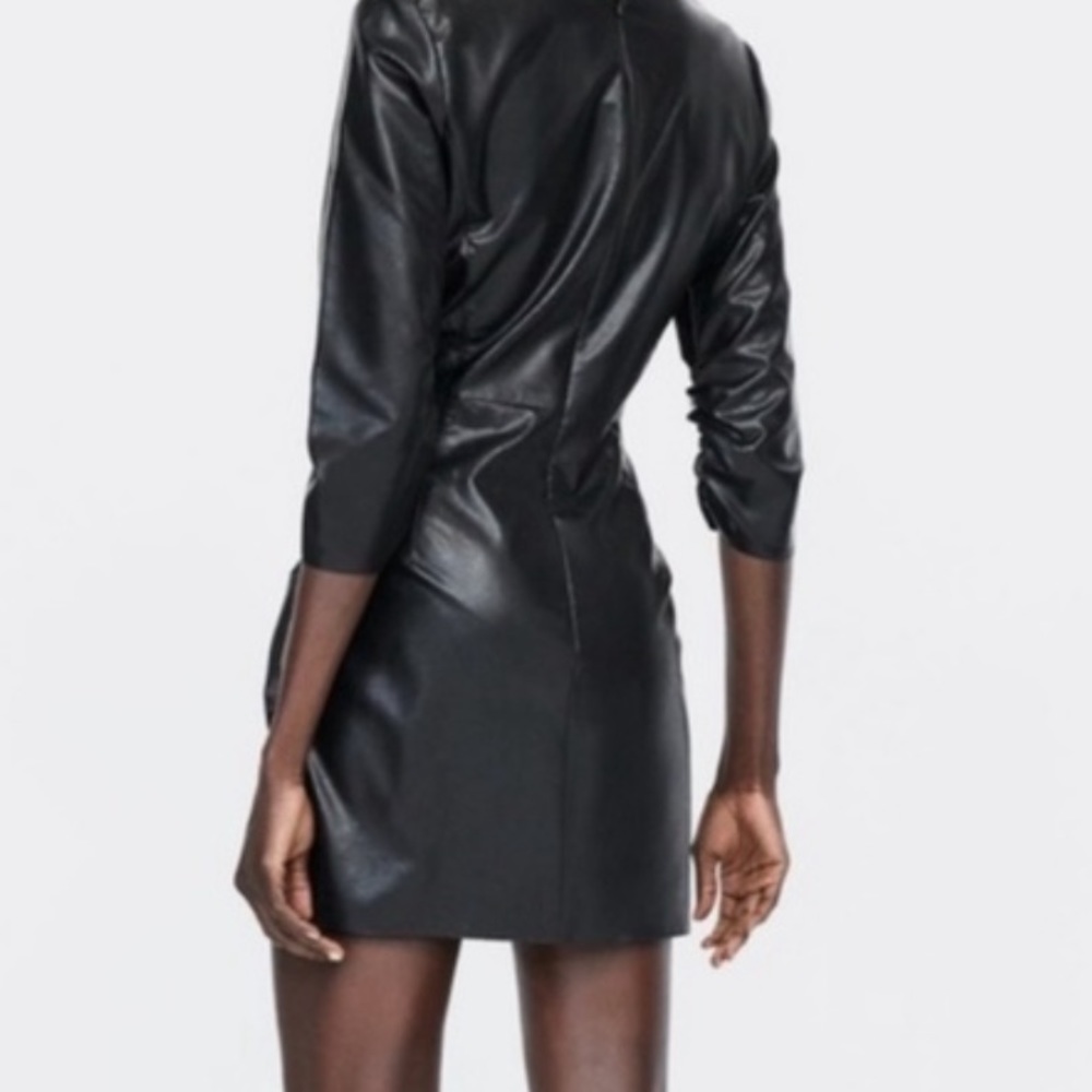 Zara women black faux leather ruched mini dress XS three quarter sleeve LBD NWT - Picture 3 of 6